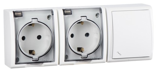 Simon 15 Aqua Белый Блок: Розетка 2-ая, 2P+E Schuko 16А 250В + выключатель проходной 10А 250В, IP54